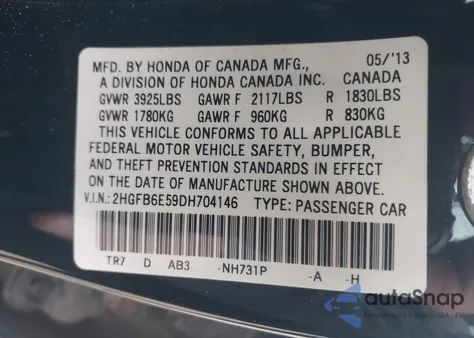 2013 Honda Civic Si from USA, damaged, VIN 2HGFB6E59DH704146